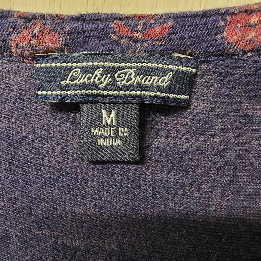Lucky Brand Purple Ikat Floral Henley Blouse Long Sleeve Boho Top Medium - Picture 4 of 12